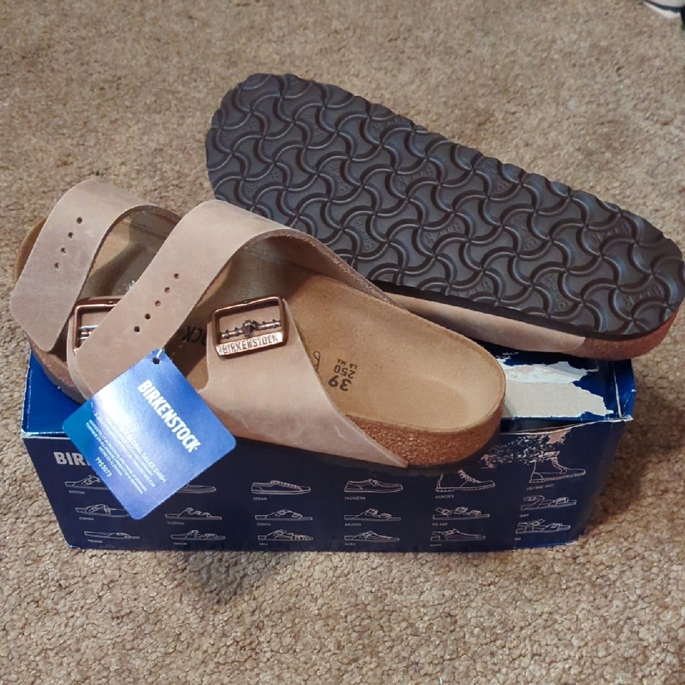 Birkenstock Arizona Sandals in Beige with Dark Brown Soles